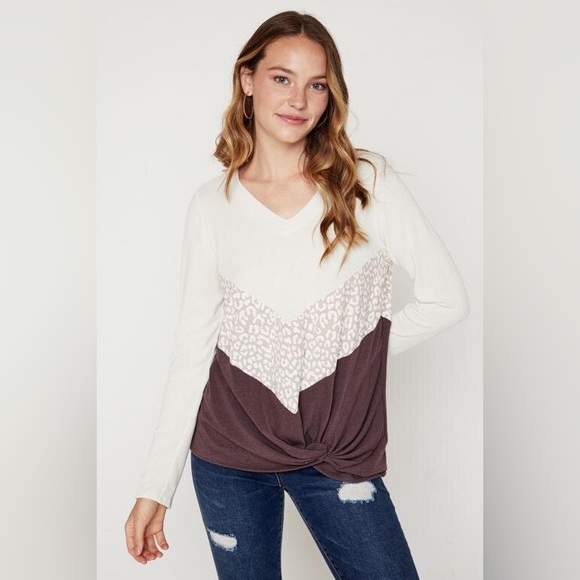 NWT Hailey & Co Animal Print Color Block Long Sleeve Top, Brown/Cream - Picture 3 of 13